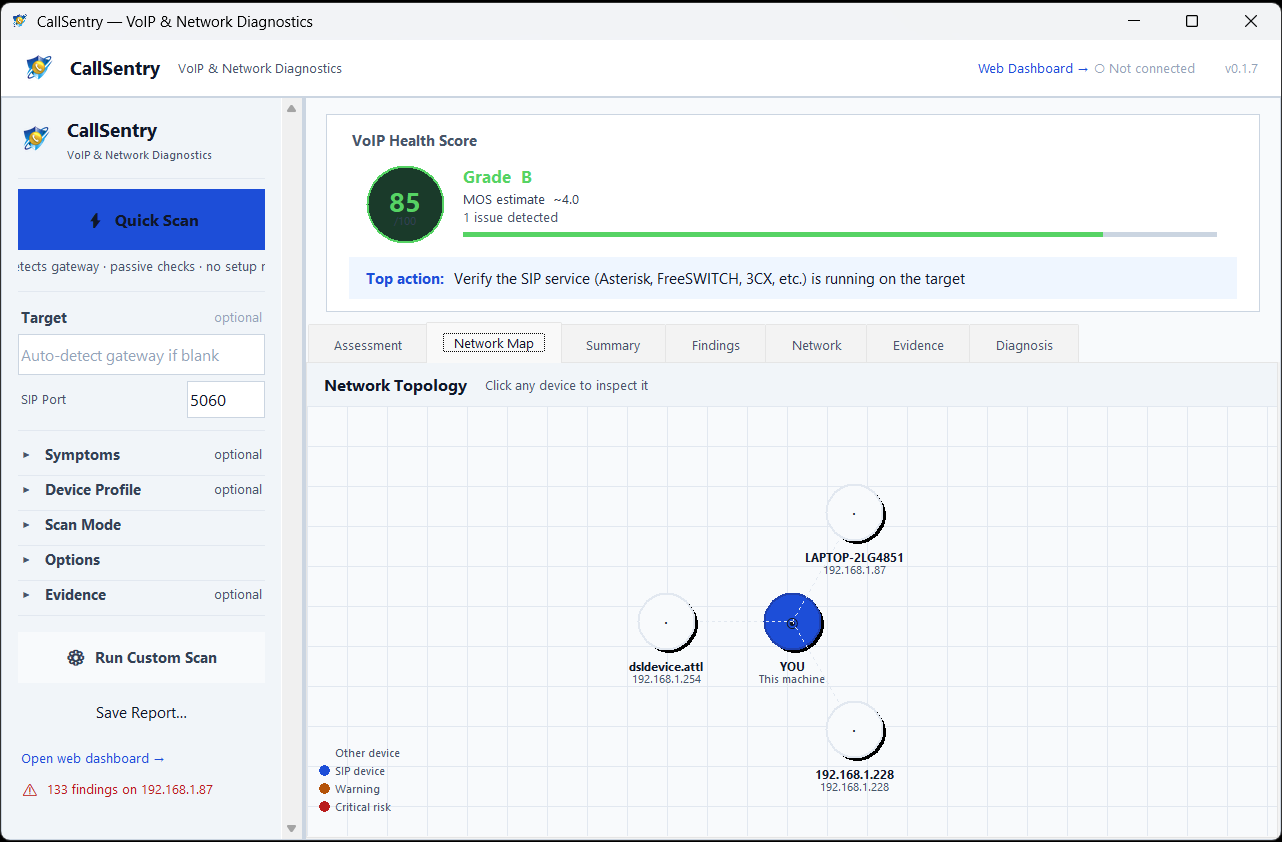 NetHero desktop application — VoIP Health Score and Network Topology